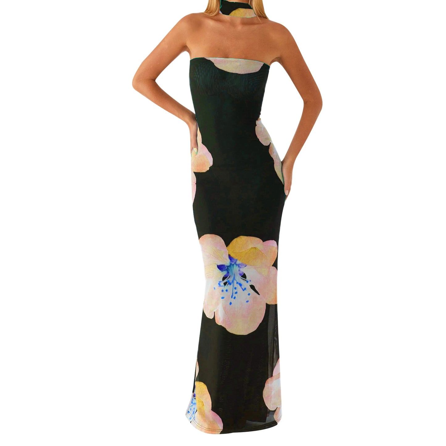 Elegant Lace Halter Neck Maxi Dress with Ruffle Hem and Matching Belt for Women Wedding Party Evening Gown
