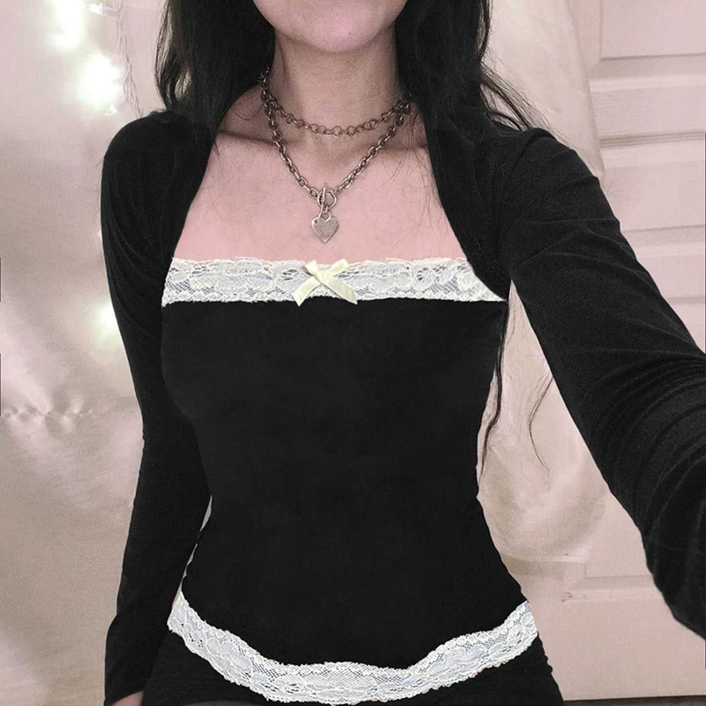Women's Fashion Square Neck Tops Long Sleeve Elegant Lace Trim Slim Fit T-shirt