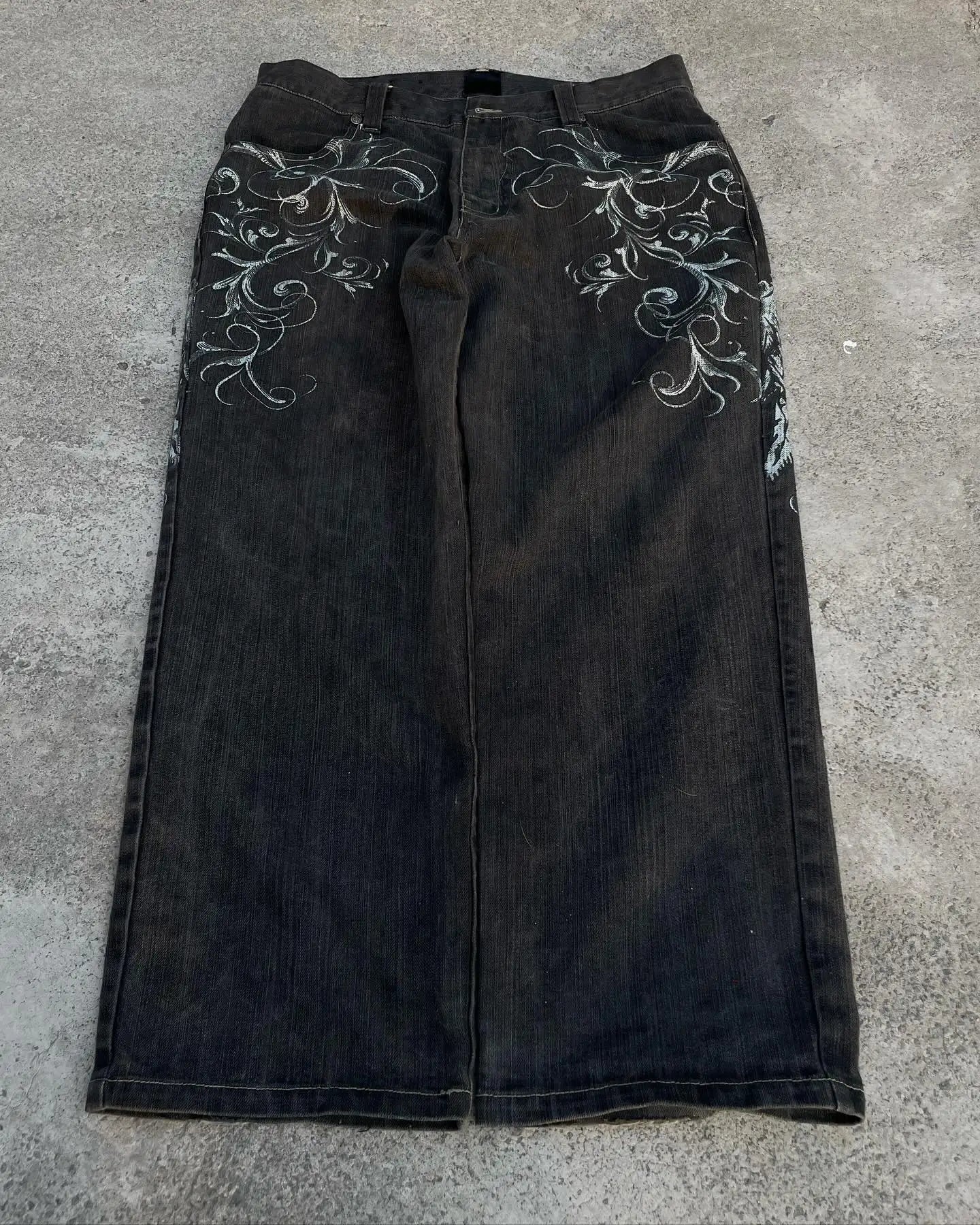 Gothic Retro American Cross Embroidery Patchwork Baggy Jeans  Streetwear Casual Straight Wide-leg Pants