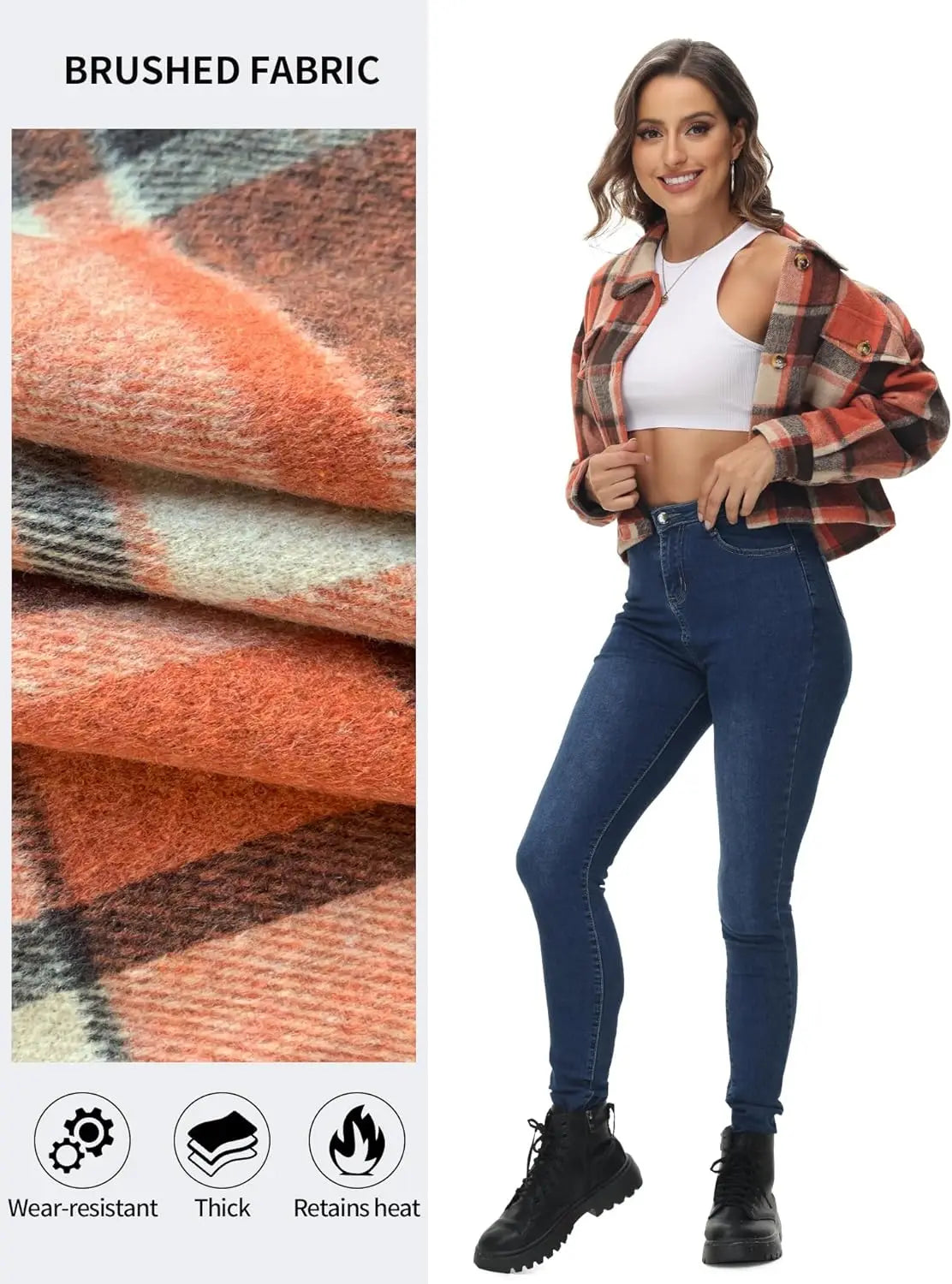Oversized Plaid Shacket - Cozy Long Sleeve Button Down Jacket with Pockets Cropped
