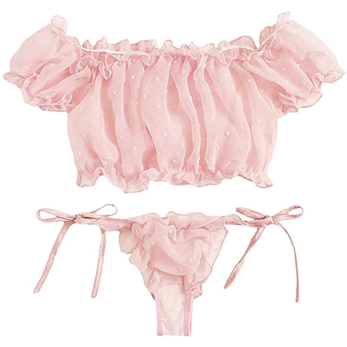 Lace Bra and Panty Set Seductive Two Piece Lingerie with Bow Detail and Sheer Mesh Fabric