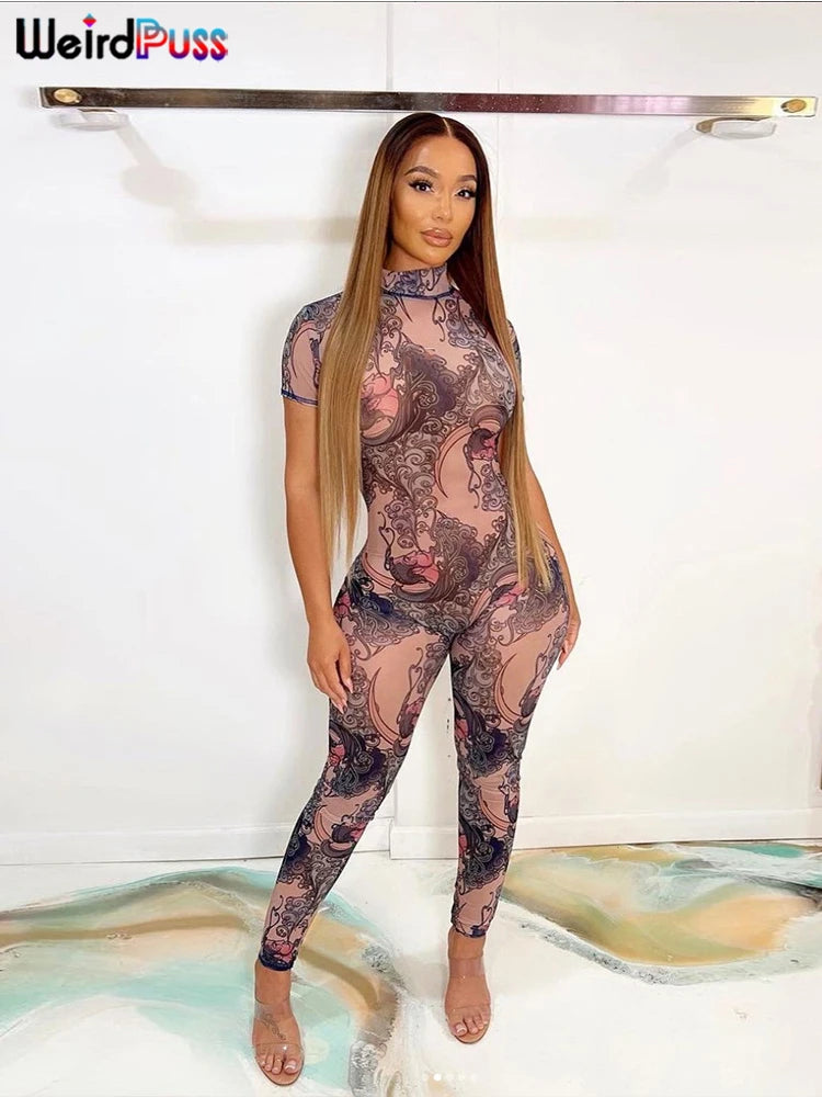 Jumpsuit  Short Sleeve Backless Thin Mesh  Stretch Activity