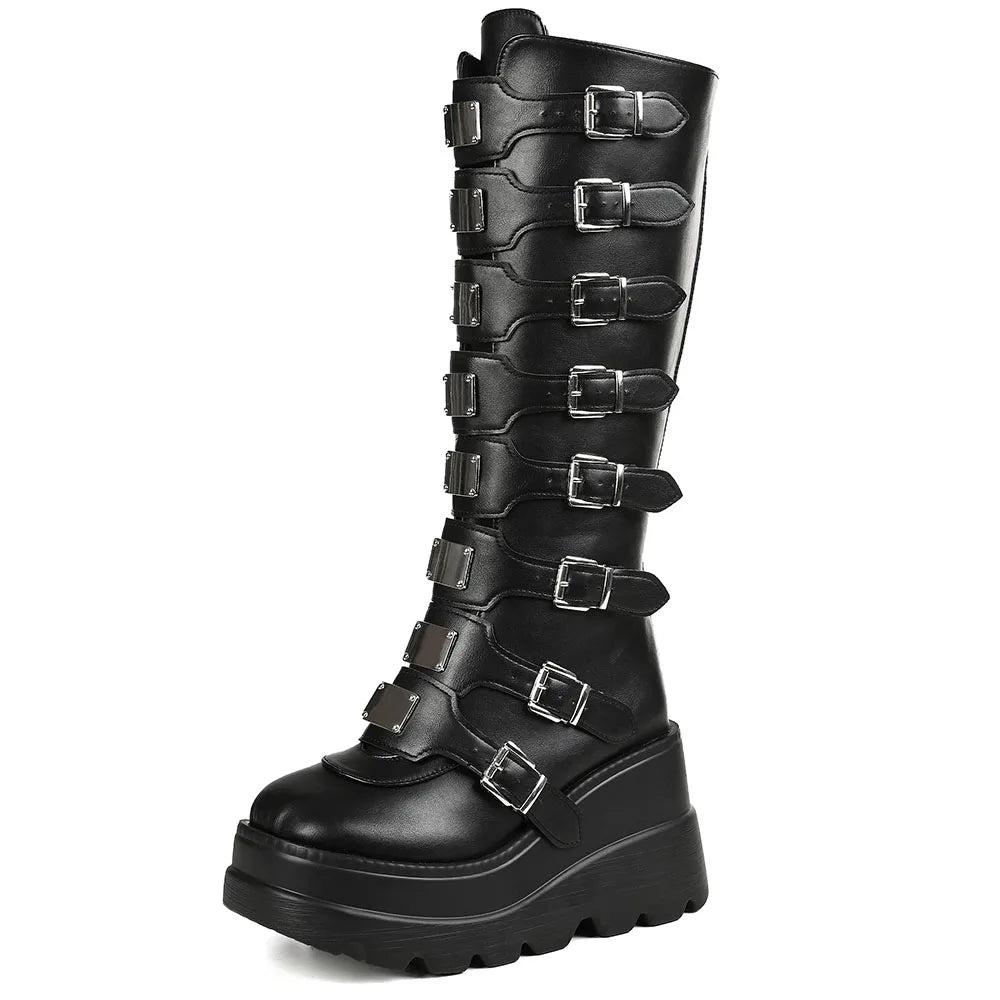 Punk Goth  Knee High Boots Round Toe Multi Metal Buckle Zipper Motorcycle Boots