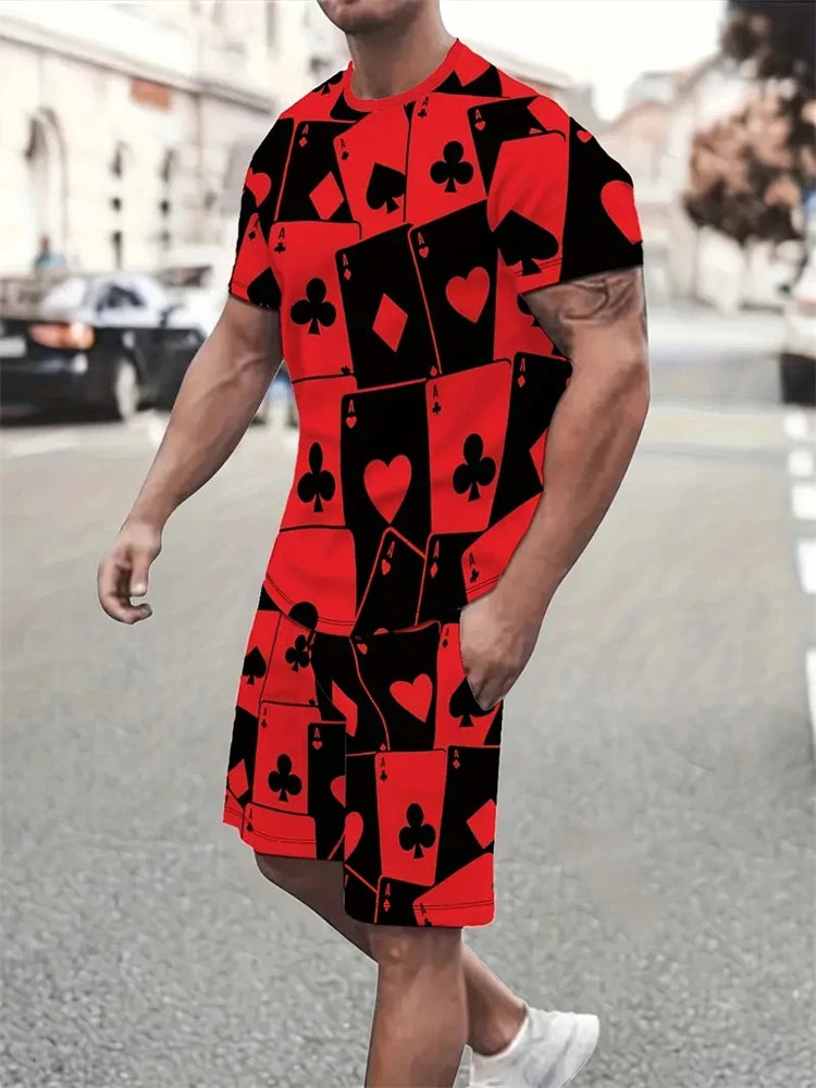 Men's Short Sleeve Shorts Set Fashion King Printed T-Shirt Shorts Sets of Casual Round Neck Breathable Sportswear