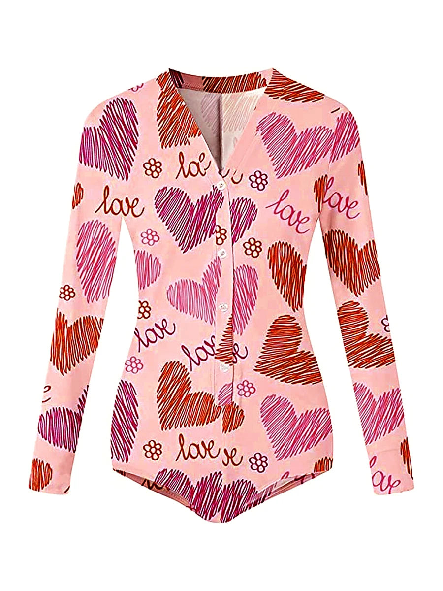 Women’s Long Sleeve Valentine Day Jumpsuit Bodycon V Neck Lip Print Button Down Short Romper Indoor Sleepwear