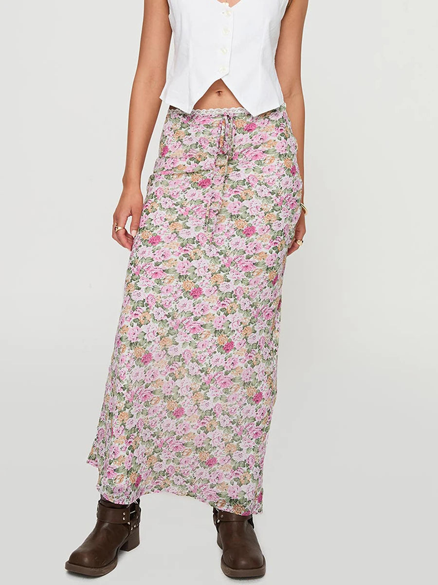 Women s Boho Maxi Skirt with Ruffle Hem and Tie Waist Elegant Floral Print Long Skirt