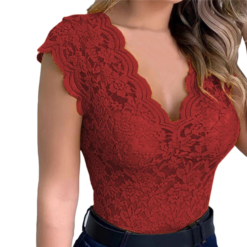 Women Tops Summer Sexy Lace Crochet  Casual Solid Color Trend Lace Hollow Out Top For Ladies