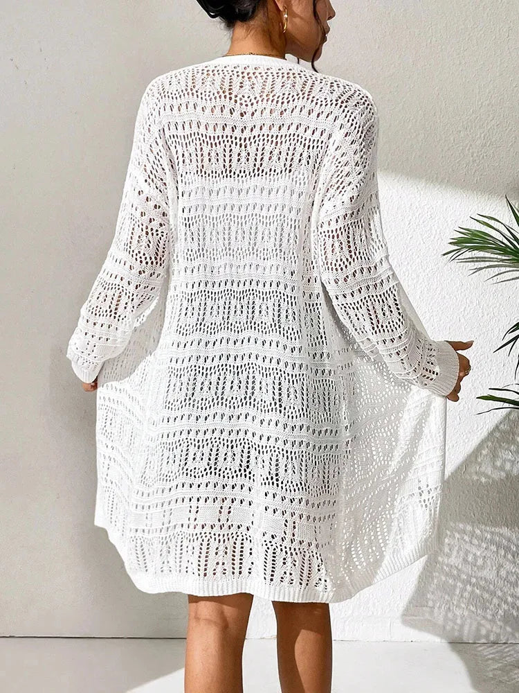 solid color knitted cardigan with sun shading and loose fitting fashion, mid length and elegant sweater