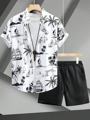 Hawaiian Coconut Tree Print Men's Shirt Summer Short Sleeve Tops Beach Shorts 2 Piece Sets Casual Vacation Style Outfit Clothing