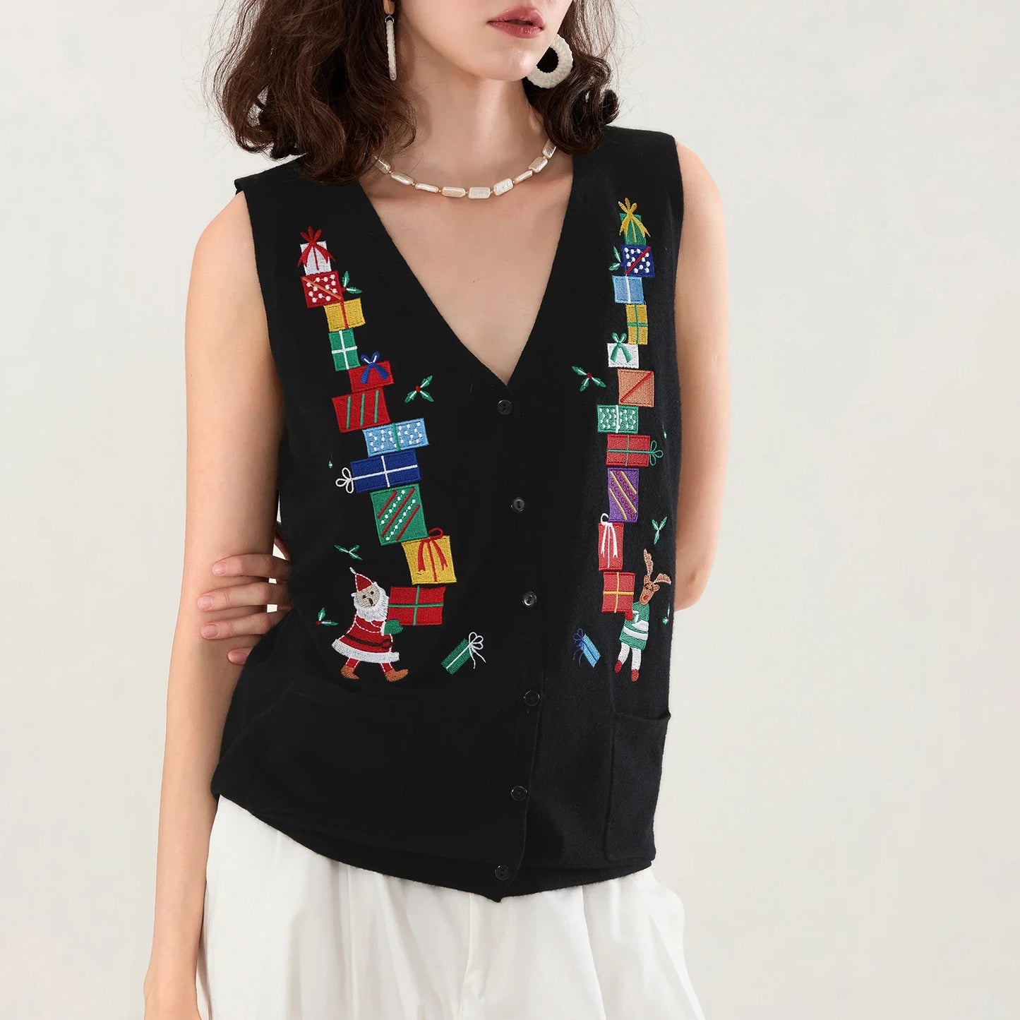Women Christmas Knit Vest Top Embroidery Sleeveless Button Down Sweater Vest  Cardigans
