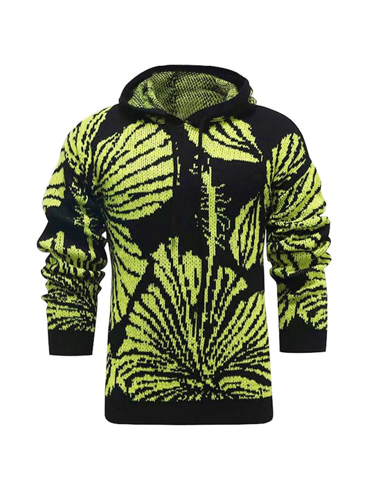 Leaf Print Knitted Hoodie with Long Sleeves and Hooded Design Perfect for Casual Streetwear in Winter and Fall Seasons