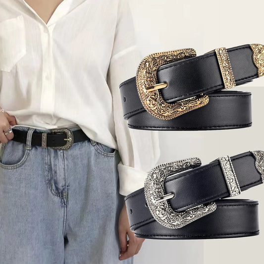 Women's Belt Vintage Carved Needle Buckle Belt Rock Style Jeans Belt PU Leather Belt