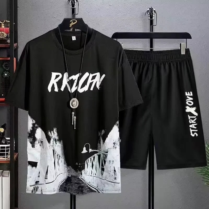 Men's Sets Summer Fashion T Shirts Casual Polyester Gradient Shorts Set Men's Sporty Two-piece Outfit Basketball Tracksuits