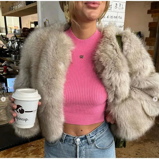Cropped Faux Fur Coat Women Winter Fluffy Short Fur Jacket Streetwear Chic Jackets