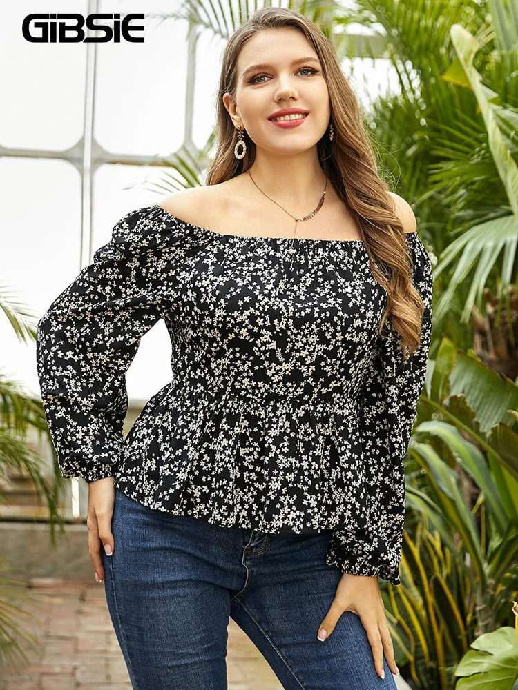 Floral Print Off The Shoulder Peplum Blouse Long Sleeve Casual
