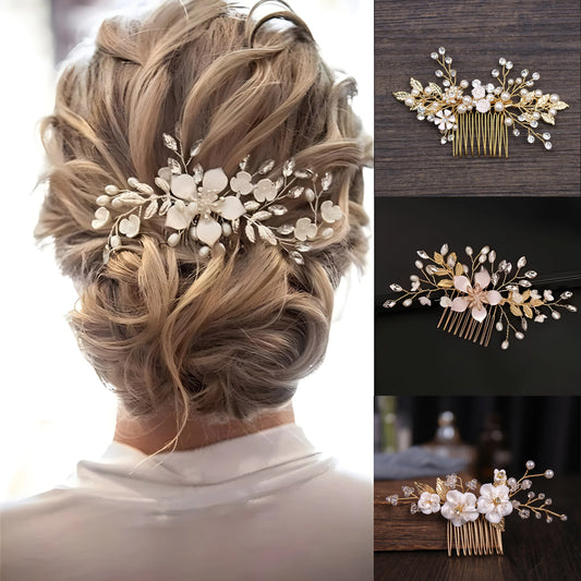 Pearl Flower Hairpin Side Comb Golden Leaf Shaped Alloy  Insert Jewelry Comb Hair Jewelry Bride Headwear