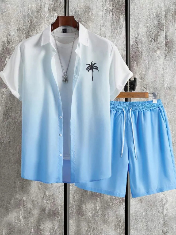 Fashion Hawaii Set Coconut Print Men's Shirt 2 Piece Luxury 3D Holiday Set Short Sleeve Casual Shirt Beach Two Piece Men's Set