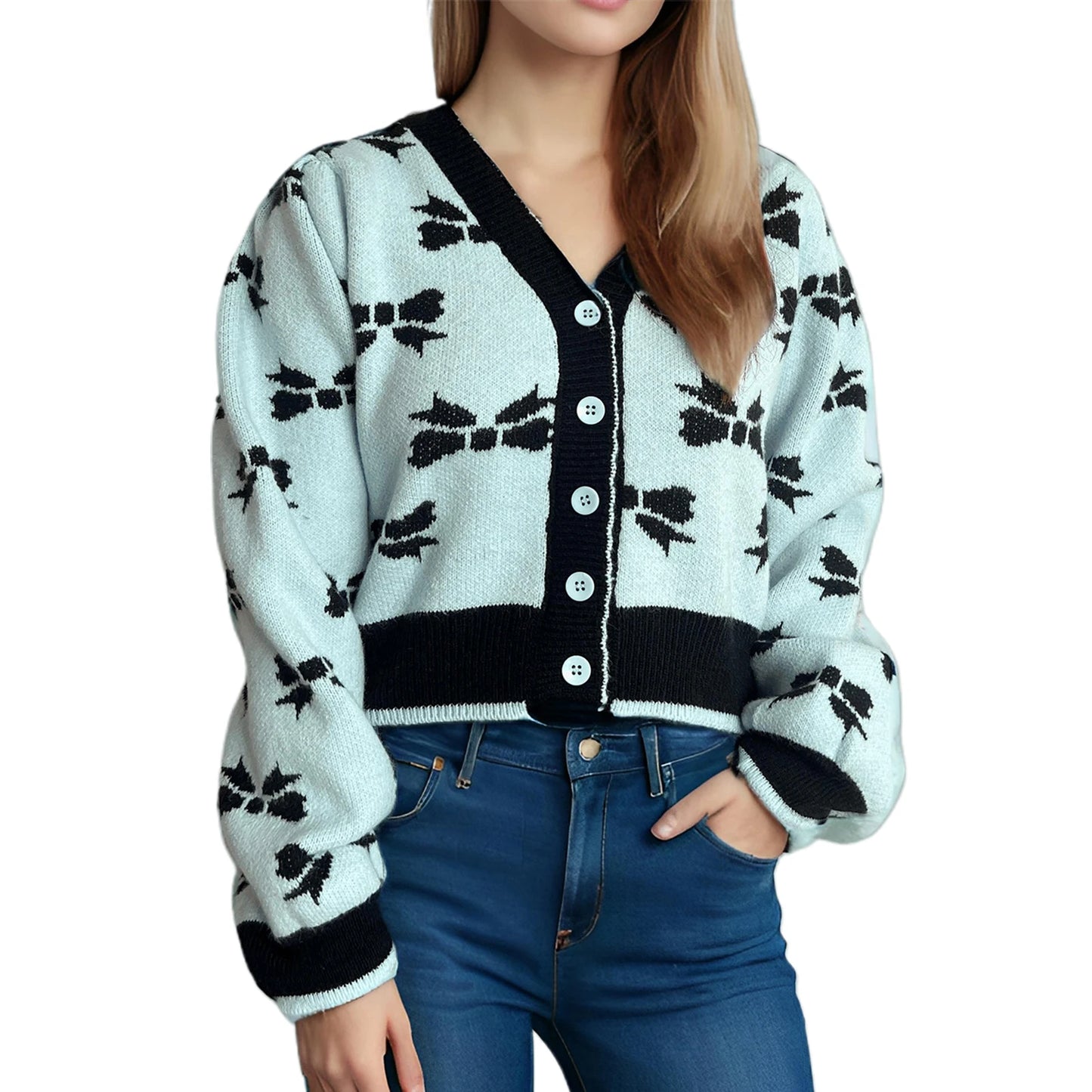 Women s V-Neck Button Up Cardigan with Long Puff Sleeves and Bow Print Detail - Cozy Knit Sweater