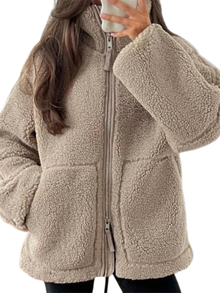 Warm Fleece Coat Casual Thick Stand Collar Long Sleeve Zip Up Wool Jacket
