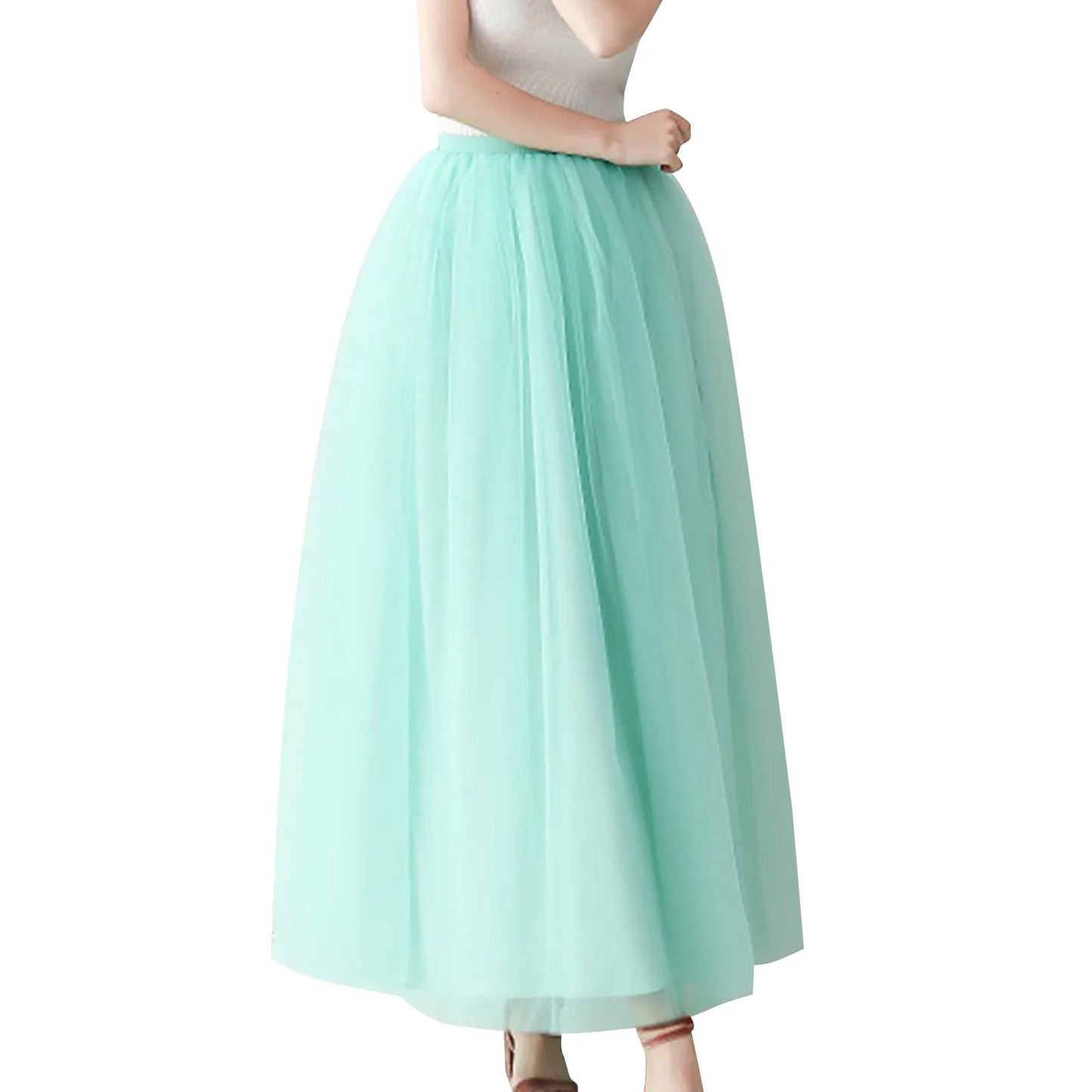 Women's Mesh Maxi Skirt Elastic High Waist Large Swing Long Skirt A Line Belt