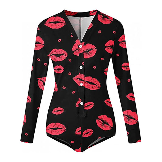 Women’s Long Sleeve Valentine Day Jumpsuit Bodycon V Neck Lip Print Button Down Short Romper Indoor Sleepwear