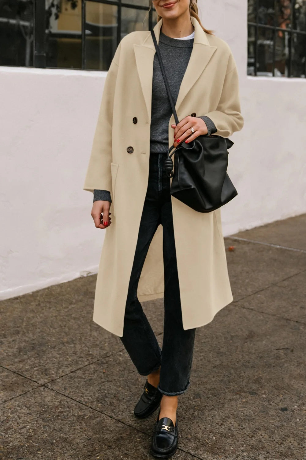 Double-breasted Trench Coat With Lapel Pockets Long Sleeves Mid Length  Casual Trench Jacket