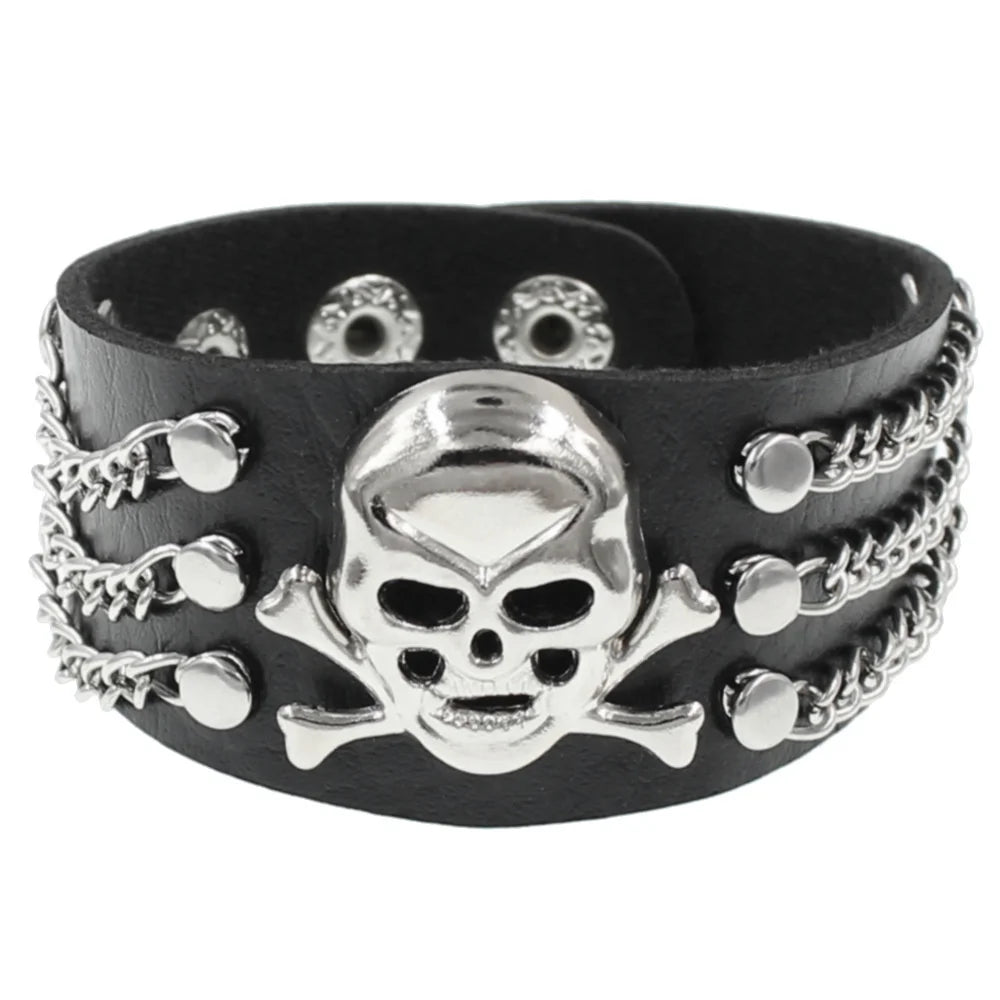 Punk Hip Hop Rock PU Leather Bracelet Unisex Trendy Chain Skull Pentagram Rivet Bracelet