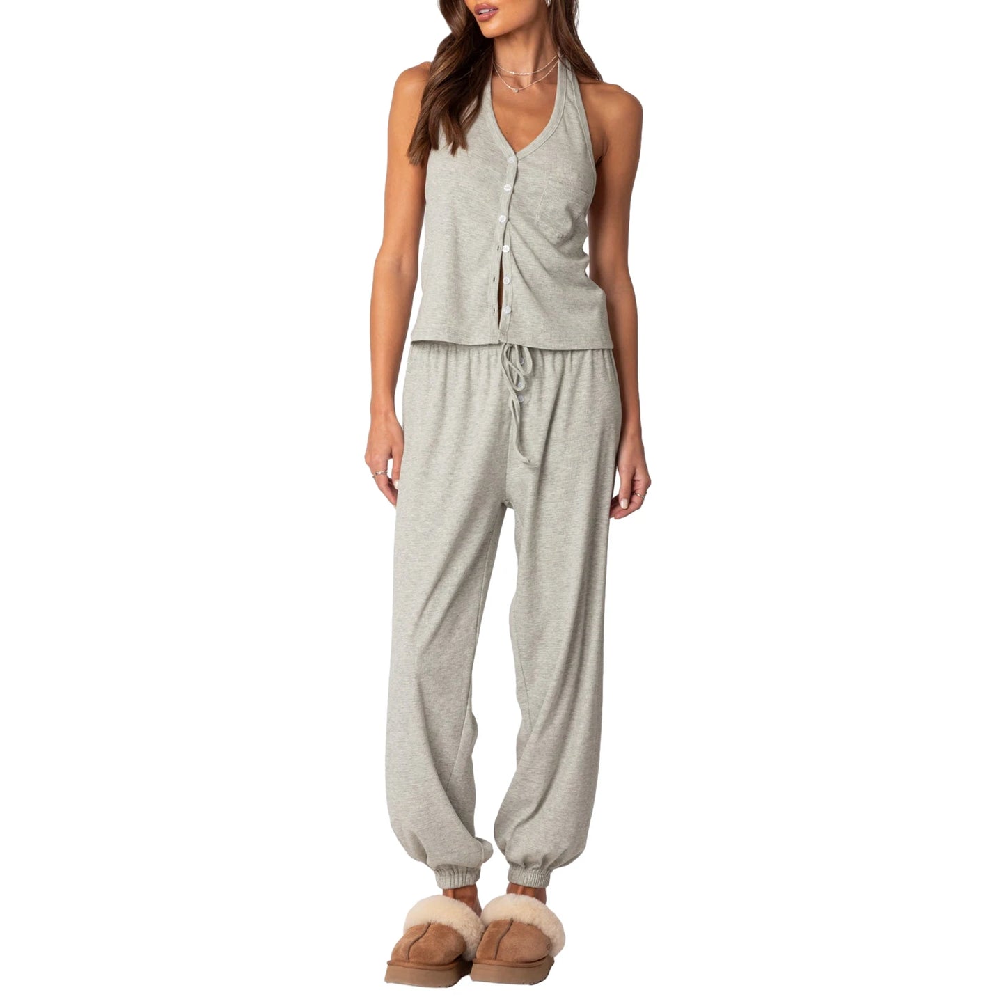 Women s 2 Piece Lounge Set Sleeveless Halter Neck Button Tops Casual Drawstring Pants Sleepwear Sets
