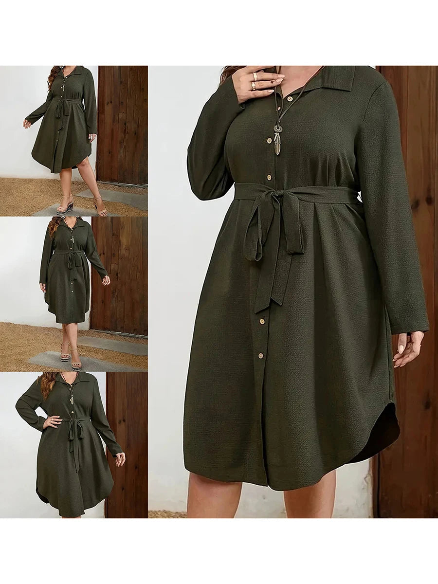 Women Plus Size Dress  V-Neck Long sleeve Midi Dress Summer Boho Beach Party Dress with Pockets and Tie Belt