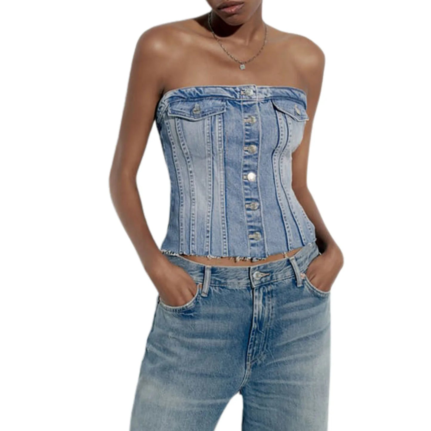 Women s Fitted Tube Tops Blue Sleeveless Off Shoulder Denim Bandeau Summer Clothes
