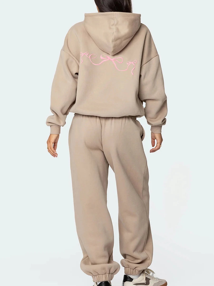 Women s 2 Piece Stylish Outfits Long Sleeve Bow Embroidered Sweatshirt Solid Color Jogger Pants Sets for Casual Wear