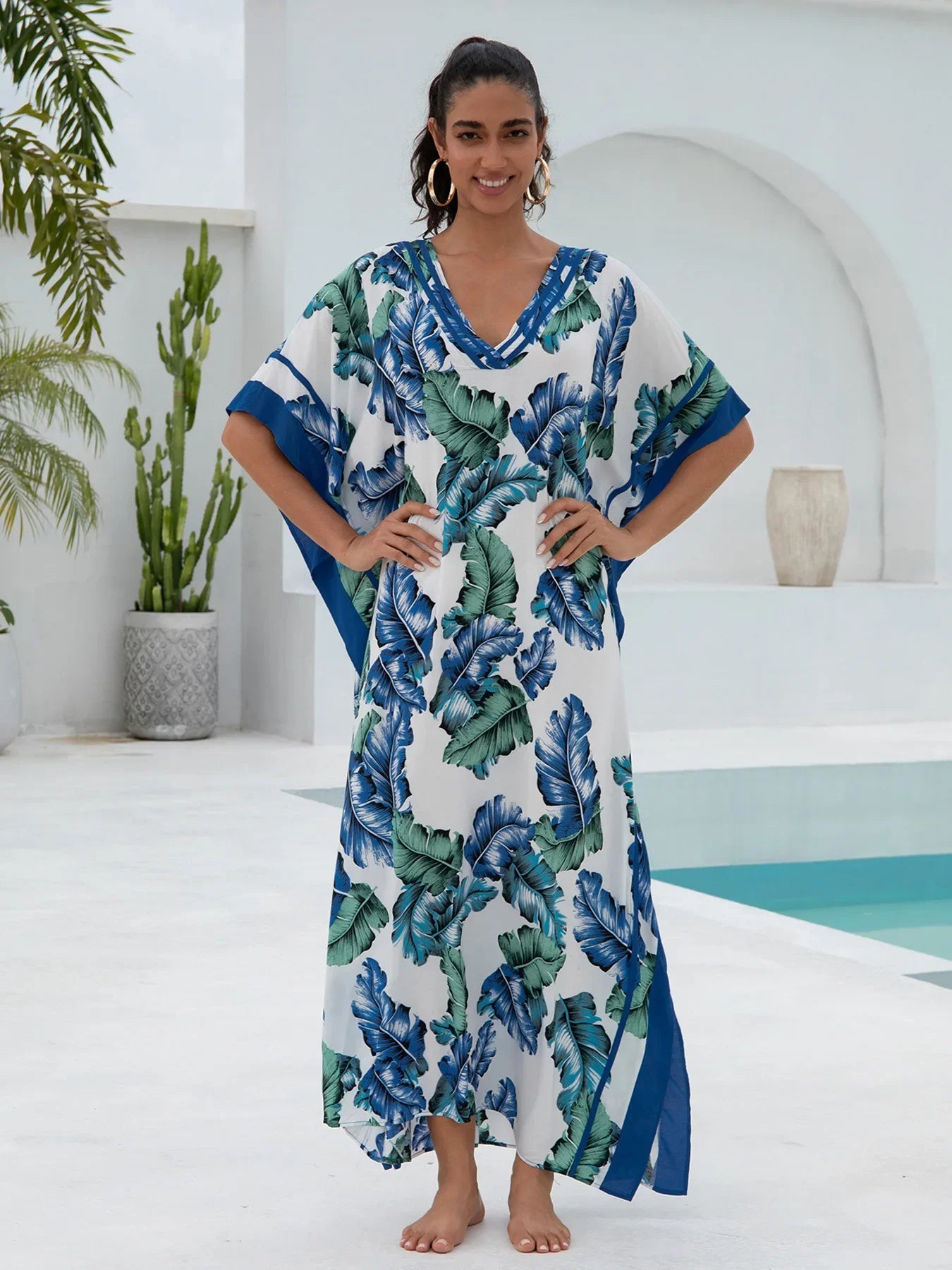 Blue Leaf Print Women Loose Fitting Long Robe Beach Vacation V-neck Sunscreen Clothing