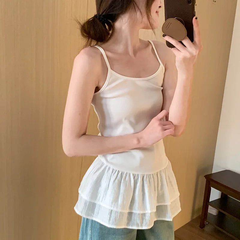 White Camisole Top for Women with Ruffle Double-layer Skirt Women Sleeveless Tank Top Splicing Slimming Strapless Base Vest Tee