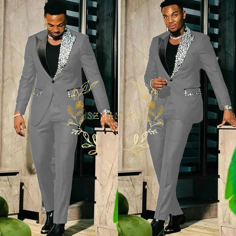Suits for Men Slim Fit Single Breasted Peak Lapel Blazer High Quality Crystal Prom Party 2 Piece Jacket Pants Sets Terno