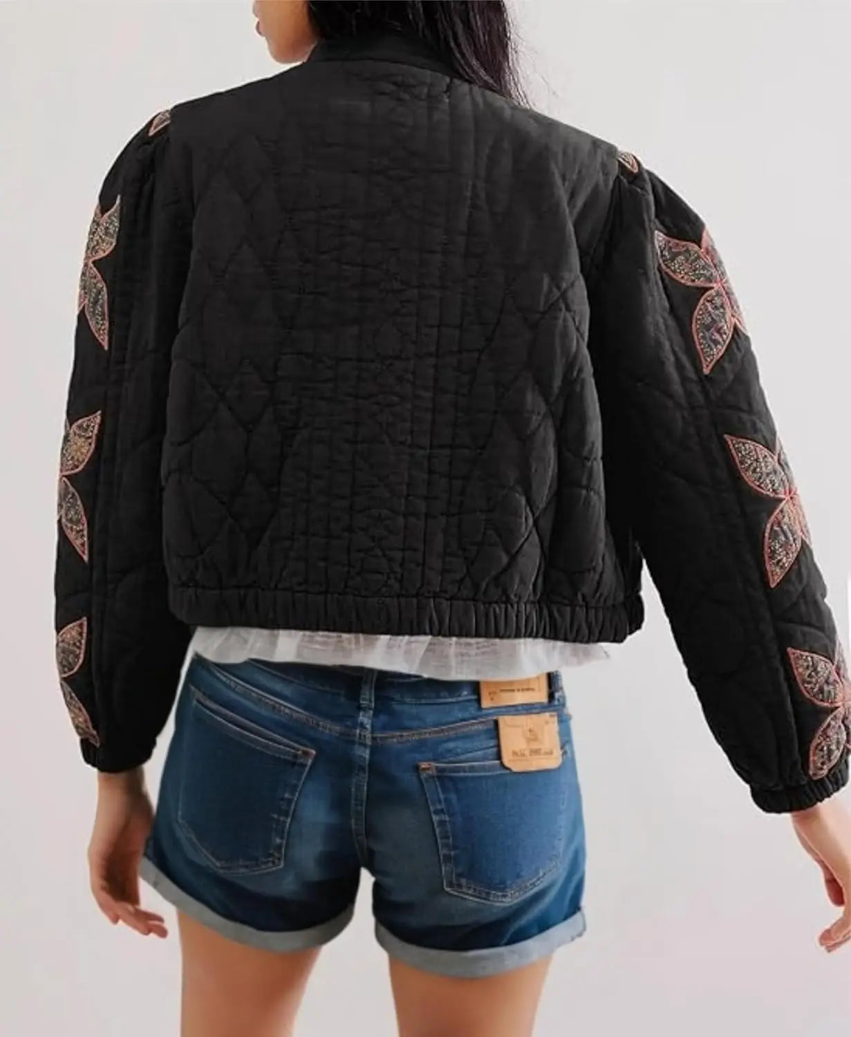 Cropped Lightweight Flower Quilted Jacket Embroidery Puffer Outerwear Coats