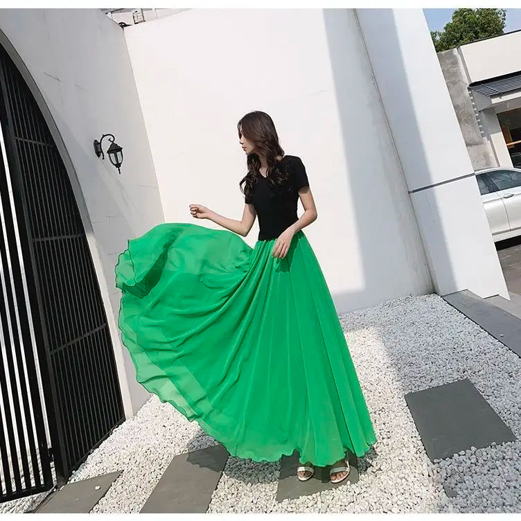 Pleated High Waist Chiffon Long Skirt