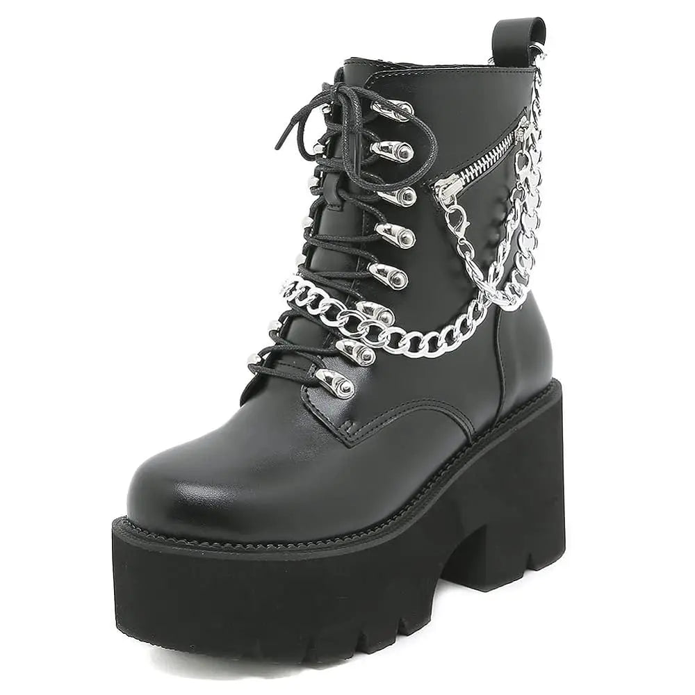 Gothic Ankle Boots Platform Chunky Heel Chain Punk Fight Biker Boots