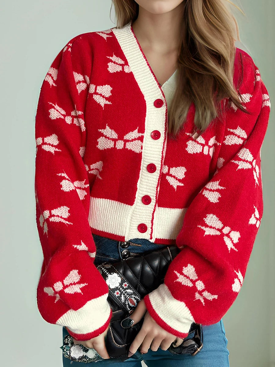 Women s V-Neck Button Up Cardigan with Long Puff Sleeves and Bow Print Detail - Cozy Knit Sweater