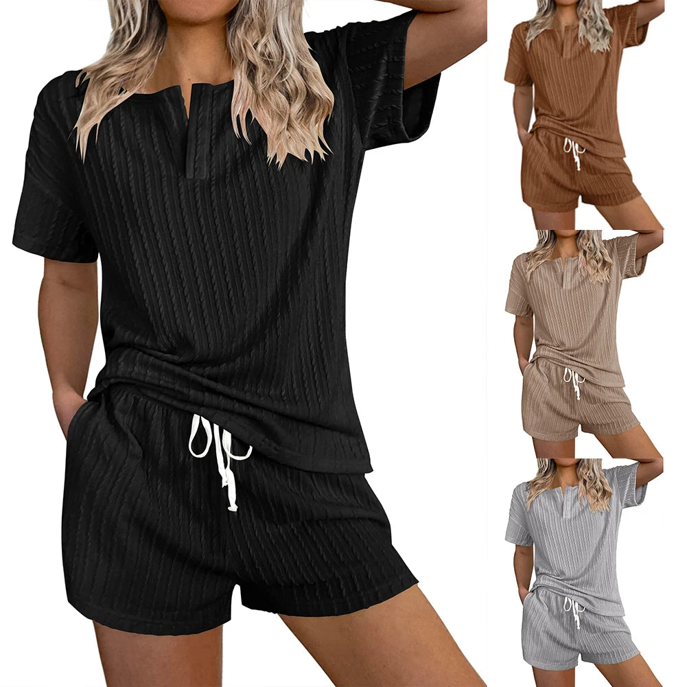 Women 2 Piece Lounge Sets Casual Style V Neck 2 Piece Pajamas Sets Solid Color Ribbed Knit Tops Shorts