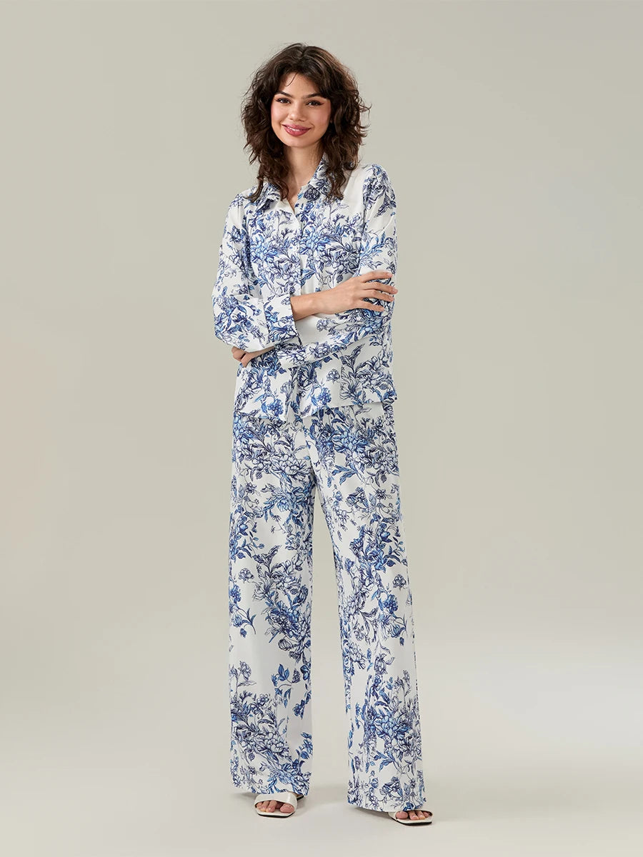 Women s Elegant Floral Print Pajama Set with Lapel Neckline Button-up Long Sleeve Top and Long Pants - Comfortable 2-Piece