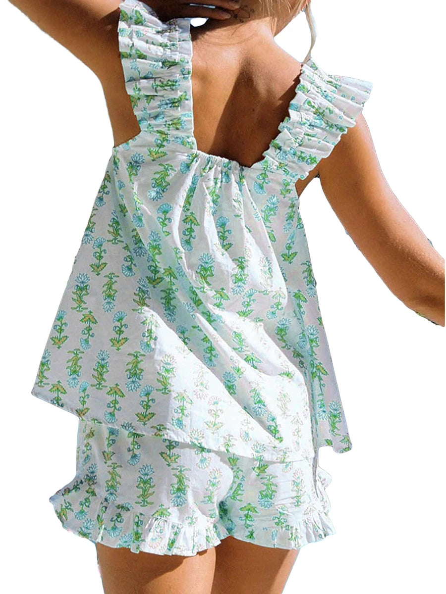 Floral Print Summer Set Square Neck Flutter Sleeve Loose  Ruffled Shorts 2-Piece Outfits