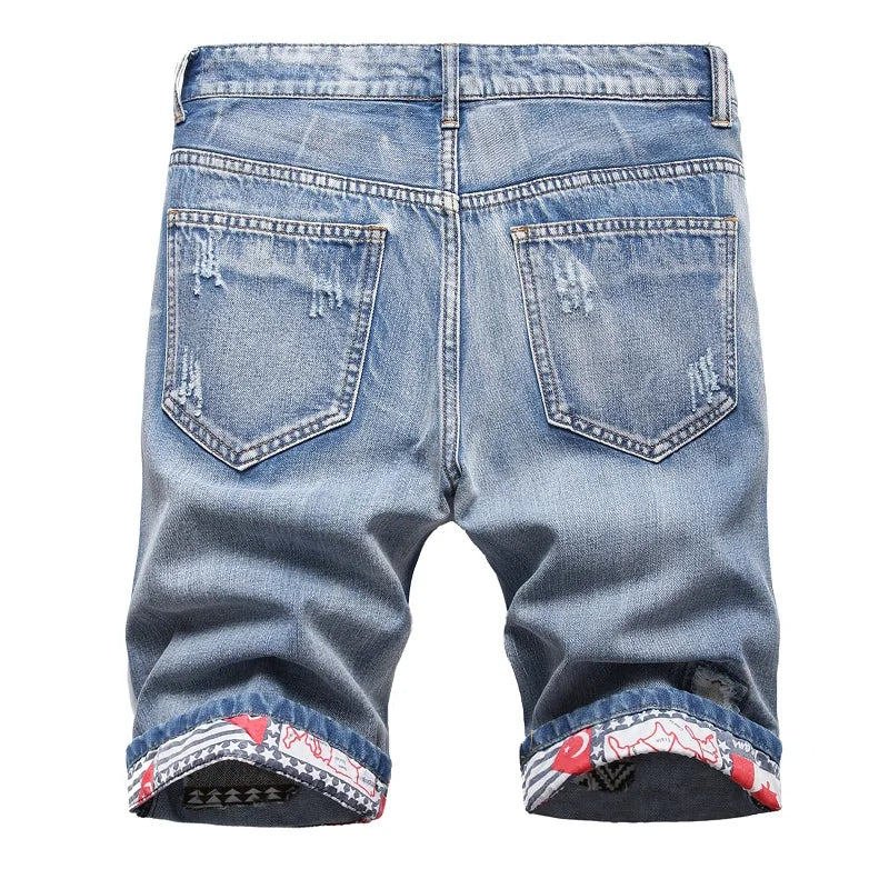 Hip Hop Ripped Fashion Denim Shorts Blue New Style Stretch Straight Personalized Retro Nostalgic Trendy Pants Jeans Shorts