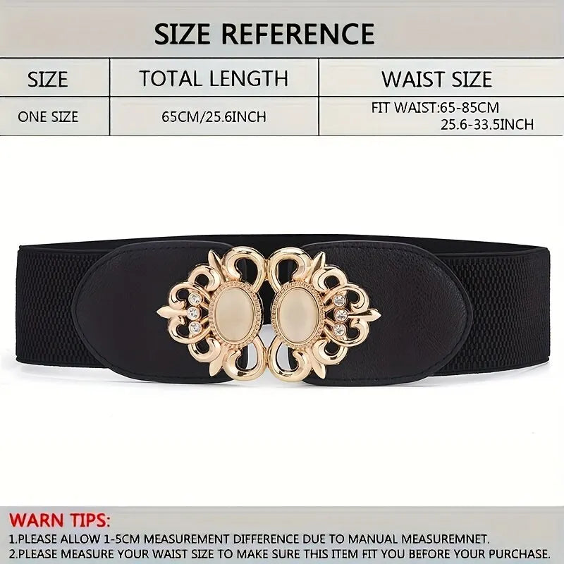 Women's Fashionable Golden Imitation Gemstone Shape Elastic Waist Closure With Double Hook Buckle Wide Belt