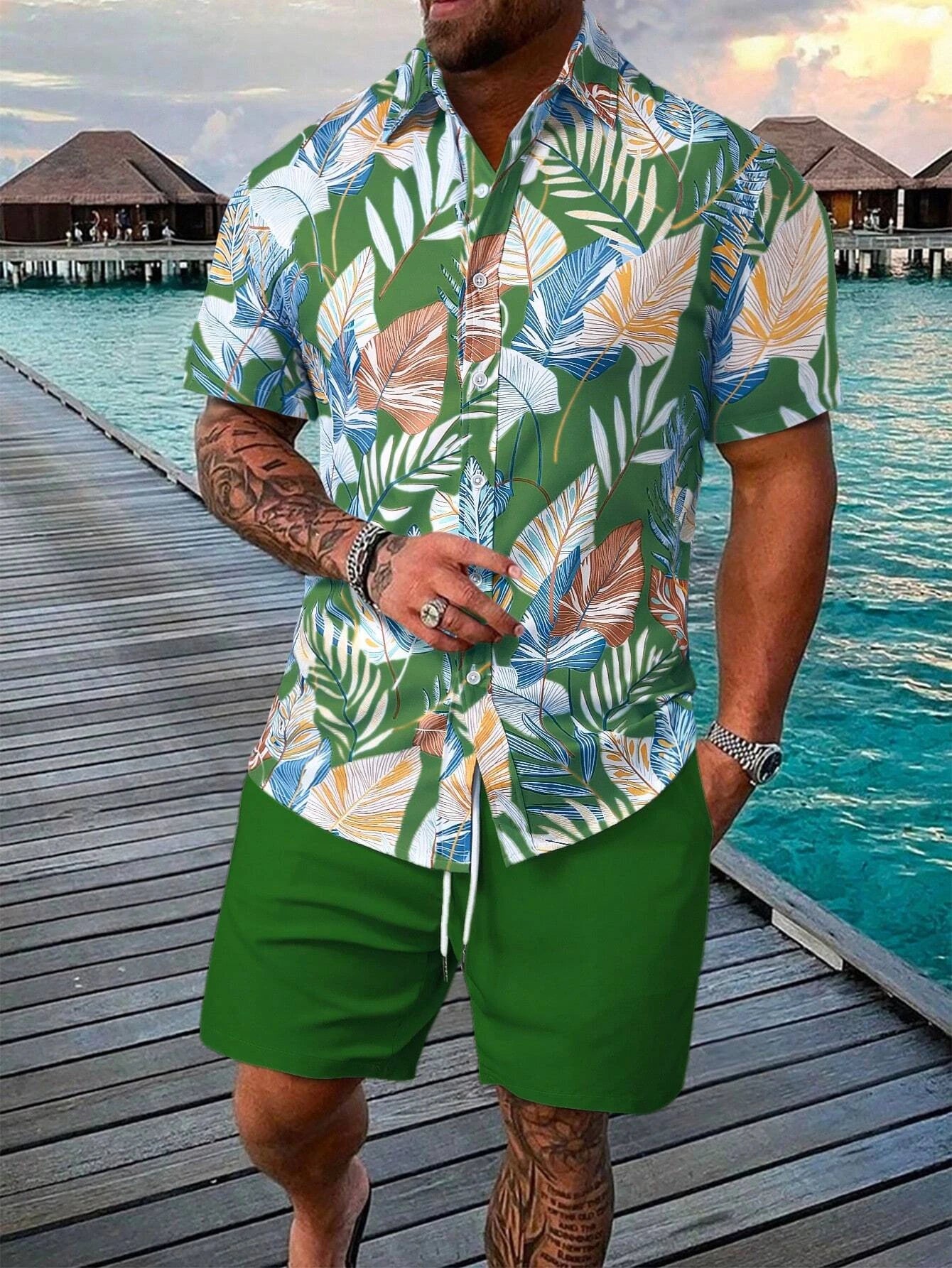 Summer Palm Tree 3D Print Men Shirts Beach Shorts Sets Hawaiian Short Sleeve Shirt Shorts 2 PCS  Hawaiian Suits Street Clothes
