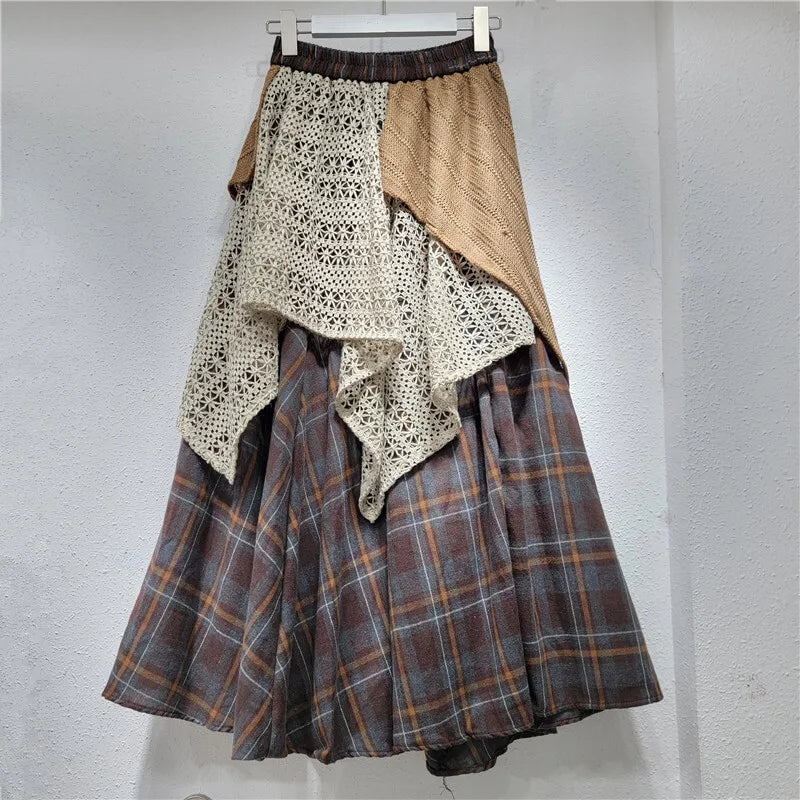 Elastic High Waist Patchwork Irregular Plaid Printed Causal A-line Long Skirts
