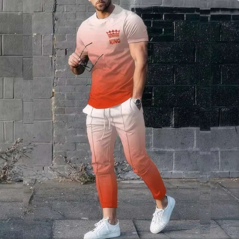 Summer King Letter 3D printed T-shirt and sports pants set for men's fashion sportswear, oversized short sleeved T-shirt and pants