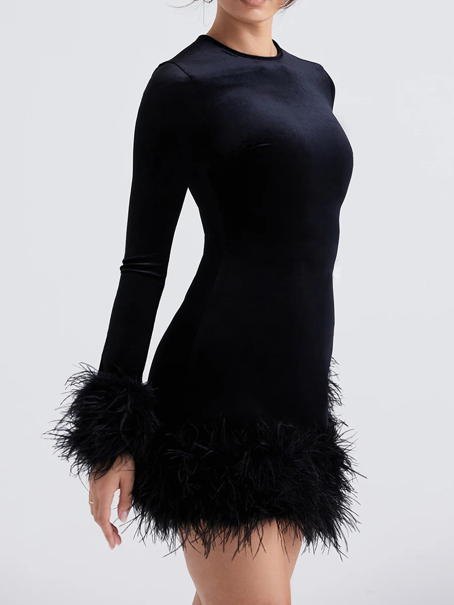 Black Feather Long Sleeve Bodycon Dress  Velvet Crew Neck  Mini Dress