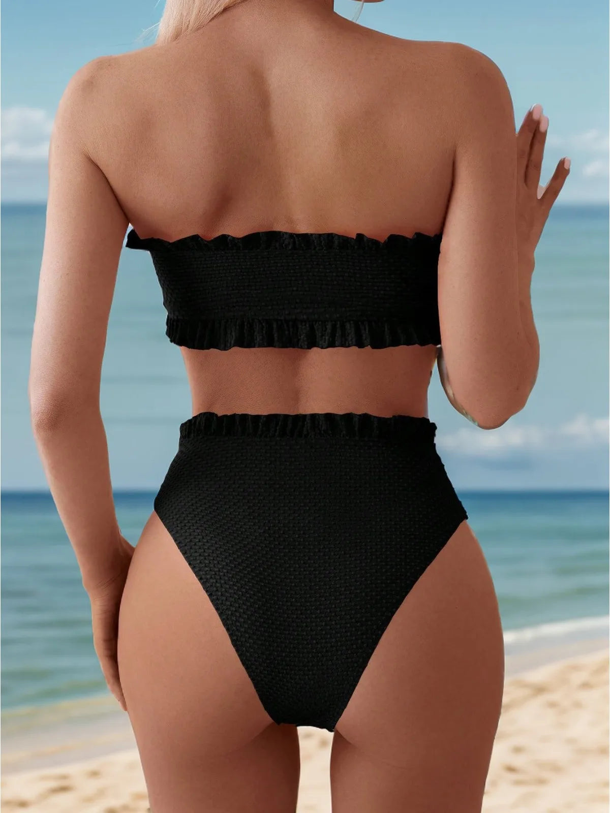 Solid Color 2 Piece Swimsuit Sexy Ruffle Strapless Backless Bikini Set Beach Vacation High Waist Swimwear Bathing Suit