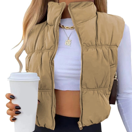 Quilted Waistcoat Solid Color Lightweight Zip Stand Collar Winter Vest Sleeveless Jacket