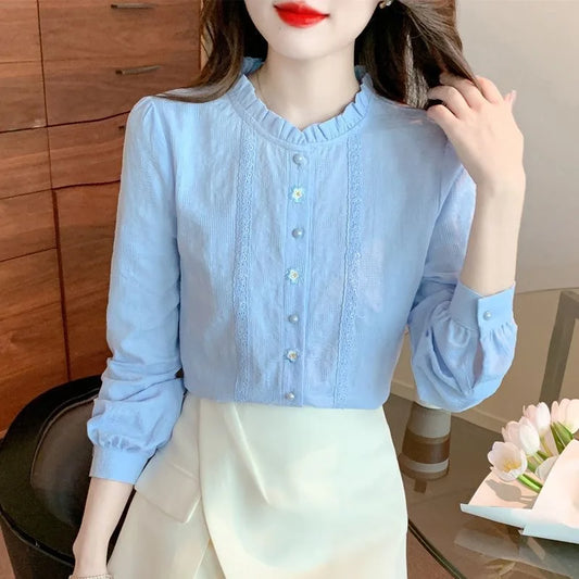 Embroidery Women's Spring Autumn Blouses Lady Casual Long Sleeve Stand Collar Solid Color
